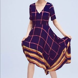 Anthropologie V-Neck Purple and Orange Check Midi Dress